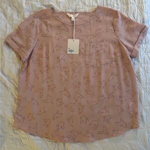 LC Lauren Conrad Beige Blouse with Bird Pattern